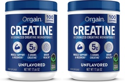Orgain Creatiini Monohydraatti Micronized Powder,100 tarjoilut, Ei makua,Tukee lihasten kasvua,Post Treout Recovery ja aivojen terveys,ei keinotekoisia lisäaineita, miehille & naisille, Vegaani,(Pakkaus 2)