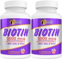 Sunshine Naturals Biotin ruokavalio täydentää. Terveempi iho, Thicker hiukset, kynsien kasvua. Kollageenia, A-vitamiinia, B-vitamiinia hiustenlähtöön, kauneutta, solun uudistumista, Scalp Health. 5000 mikrog. 90 kapselia. 2 kpl pakkaus