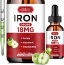 Liquid Iron Supplement for Women & Men Iron Drops Iron Supplements for Anemia Folate, C-vitamiini, B12 for Red Blood Cell Support-Green Apple Flavor, 2 Fl Oz