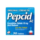 Pepcid AC Original Strength Heathburn Relief -tabletit, OTC-lääkkeet ehkäisevät ja lievittävät närästystä Happoisen ruuansulatushäiriön ja hapan mahan vuoksi, 10 mg fomotidiinihapon reduktori, nopeavaikutteinen, 90 lla