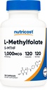 Nutricost Methylfolate 1000 mcg, 120 Kasvissyöjän kapselit - Gluteeniton, ei-GMO (Metyylisoitunut Folaatti)