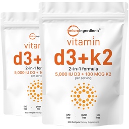 Micro Ingredients Vitamin D3 5,000 IU + K2 MK-7 100 mcg, 2 Pack (600 Softgels) | Liquid-Filled with Sunflower Oil | 2-in-1 Vitamins D & K Complex | Extra Strength, Easy to Swallow, Non-GMO, No Gluten