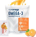 Coromega Omega 3 Fish Oil Supplement, 650mg Omega-3s 3X Parempi imeytyminen kuin Softgels, Orange Flavor, 120 Single Serve Squeeze Packets