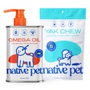 Native Pet Omega Oil koirille - Kalaöljy täydentää 8 Oz & 5 Pieni Yak Chews koirille pastöroitu ja orgaaninen Yak Cheese Himalayan Churpi Sticks