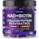 NAD+, Resveratrol, berberiini, & Biotin Anti-aging Gummy - hiukset, iho, kynnet & Joint Supplement - Kollageeni Peptides, Keratin, Sinkki, K2-vitamiini ja D3 Gummies - Regeneration- non-GMO - Made in USA 60