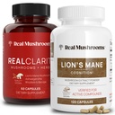 Real Sienet RealClarity (60ct) ja Lions Mane (120ct) Kapselit Bundle - Sieni täydentää aivojen terveyttä, mielen selvyyttä, keskittyä, kognitiota ja immuuni tuki - aivojen vitamiinit w/Ashwagandha