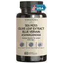 VINATURA Organic Sea Moss, Blue Vervain - musta siemenöljy, Ashwagandha, inkivääri, Burdock juurikapselit - 1250 mg per tarjoilu, *USA Made & Tested * Immuuni Booster aikuisille