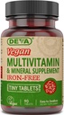 DEVA Vegan Iron-free Multivitamiini & Mineral Supplement, C-vitamiini, D2, E & B-komplex, Biotiini, 90 pientä tablettia