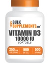 BulkSupplements.com D3-vitamiini 10000IU Softgels - kolekalsiferoli, D3-lisä, D-vitamiini 10000 IU - 1 D3-vitamiini (250 mikrog D-vitamiinia) per Serving - 500 päivän toimitus, 500 softgelia