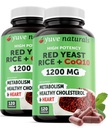 Red Yeast Rice 1200 mg kapselit CoQ10 - Säilytä terve Kolesterolitasot, kasviperäisen Heart Health Vegan Red Yeast Rice Supplement - Red Rice Hiiva CoQ10 naisten ja miesten - 120 Ct (2-Pack)