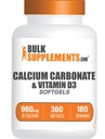 BulkSuplements.com Kalsiumkarbonaatti & D3-vitamiini Softgels - Kalsium ja D3-vitamiini, kalsium ja D3-vitamiini täydentää immuunitukea - Gluteeniton, 2 Softgels per Serving, 360 Count (Pack of 1)