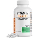 Bronson-vitamiini K2 (MK7), D3-lisä ei-GMO-geeninen Formula 5000 IU D3-vitamiini & 90 mikrog K2 MK-7 Helppo niellä D & K Complex, 360 kapselia