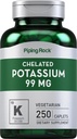 Piping Rock kelated Kalium Supplement 99mg ... 250 Caplets... Kaliumglukonaatti... Kasvisruokaa...
