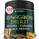 5in1 Ashwagandha Extra Strength with Shilajit for Stamina, Energy & Rentoutus Tuki - Plus Ginseng, Turmeerinen juuri & Mustapippuri - 120