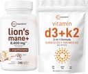 Micro Ingredients D3-vitamiini 5 000iu + K2 100mcg Softgels & Lions Mane Supplement 240 Kasvis Kapselit Bundle 2 Pack ...