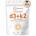 Mikro-aineet D3-vitamiini 5 000 IU + K2 MK-7 100 mikrog, 300 Softgels 2-in-1 vitamiinit D- ja K-vitamiinit Ekstravahvuus, helppo niellä, ei- gammageeninen, gluteeniton