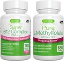 Super B12-Complex 1000 mcg + puhdas Folaatti 400 mcg Vegan Bundle, suuri imeytyminen Sublingual B12 Methylcobalamin, Adenosylcobalamin & Hydraxocobalamin + Optimoitu L-metyylifolaatti, Igennus