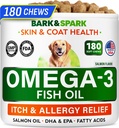 BARK&SPARK Omega 3 koiralle - 180 kalaöljyä koiranpoikasille, ihon allergia, kutina, kuumien täplien hoito - yhteinen terveys - ihon ja turkin täydennys - EPA & DHA rasvahapot - lohiöljy
