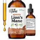 Wild & Organic Lions Mane Liquid Drops - Focus & Brain Support - Lions Mane Supplement - Hericium Erinaceus Mushroom Extract Tincture - Vegaani, alkoholi ja sokerivapaa - 2 fl oz