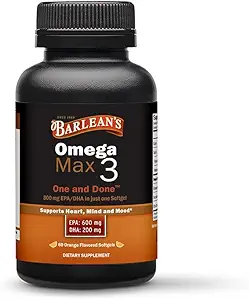 Barlean Ihanteellinen Omega Max 3 kalaöljyä täydentää, 1000 mg Softgels, EPA ja DHA rasvahappo pillereitä miesten ja naisten, Orange Flavor, 60