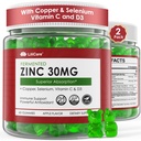 Sinkki Gummies + kupari, Selenium, C-vitamiini ja D3, fermentoitu sinkki täydentää naisten ja miesten kanssa Elderberry päivittäin immuuni tukea, voimakas antioksidantti, korkea imeytyminen, Vegan, sokeriton, 2 pakkaus