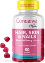 CONCEIVE PLUS Hair Skin & kynnet Gummies - extra-vahvuus Biotiini, VIT A, C, D3, E-vitamiinit - Vegan, hiusten kasvu täydentää - Liivate - 60