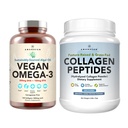 Terve iho ja nivelet Bundle - Premium Vegan Omega-3 (120 kapselia) Marine Algae + Grass-Fed Kollageeni Peptides Powder (1kg - 100 palvelinta) Ei-GMO. Radiantti iho, nivelet, luut ja armollinen ikääntyminen