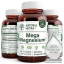 Natural Nutra Mega Magnesium 400 mg täydennysosa - korkea absorptio Aminohappo Kelaatti, Paremmat värinät, Sitraatti, malaatti Blend lihasten kasvuun, luun vahvuus, sydänterveys, hermojen tuki - 90 kapselia