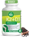 K2 D3-vitamiinilisä bioperiinillä - vegan kalsiumilla K- ja D-vitamiinilla - Advanced D3K2 VIT 5000 IU - 60 Vegan D3 Plus K2 MK-7 Complex Nutritional Capsules for Heart & Bone Health (1