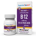Superior Source No Shot Vitamiini B-12 Syanocobalamiini 1000 mikrog, B-6, Foolihappo 400 mikrog - Tuki aivojen ja sydämen terveys - Aids Natural Energy Levels - 100 sublingual dissolving Tablets