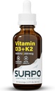 D3-vitamiini + K2-nestetippa Omega 3 -öljyllä - 5000 IU D-vitamiinitippa K2-vitamiinihormonin ja luun terveyteen - nestemäinen D3-vitamiini K2-tippa maksimaalista imeytymistä varten - 2Fl Oz-vitamiini K2 D3