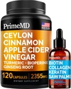 4-in-1 Liquid Biotin Collagen Keratin Saw Palmetto Drops (2 fl oz - 1 Pack) & 5-in-1 Ceylon Cinnamon w Turmeric & Ginseng Root (120ct) Bundle - hiukset, iho, kynnet, & Immunotuki