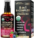 USDA Organic B-komplex Liquid Spray 8-in-1 - B5 Pantotenic Acid B12 Methylcobalamiini B1 Tiamiini B6 Pyridoksiini B7 Biotiini B9 Foli B3 Niacinamide - Made in USA Supplement, 2 fl oz