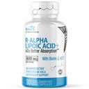 Nutri R Alpha Lipoic Acid 600 mg kapselit - R Lipoic Acid Stabilized with Biotin - Active Form R-ALA - 600 mg Kliininen annostus - Tehokas solujen energiatuki - 30 Vegaanikapselit - RALA