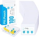 ZIKEE Pill Bags for Travel, Reusable Pill Puches BPA Ilmainen 2,75" x 3,54", Päivittäinen lääketieteen pussit XL Kapasiteetti 24 kalaöljyä, vitamiini Organizer kanssa Mukautettava Kirjoitusalue (100 Count)