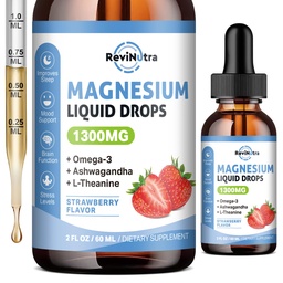 Triple Magnesium Complex Liquid Drops, 1300mg Magnesium Glycinate, Taurate & Citrate with Omega3, L-Theanine, Ashwagandha, Kalium, D3, B6, B12 varten rauhoitu, uni, lihas, mansikan maku, 2 Fl OZ