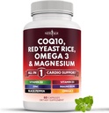NEW AGE COQ10 200mg Punainen Hiiva Riisi, Omega 3, Magnesium Complex, Sinkki-vitamiini K2 D3 - Heart Health Tuki vitamiineja naisten ja miesten B3-vitamiini, Coenzyme Q10-60 Count