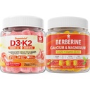 Sokeriton D3-vitamiini K2 Gummia, joissa on kalsiumia, magnesiumsitraattia, C-vitamiinia + berberiinilisävoiteita, liposomaalinen berberiini ja berberiini HCI, kalsium, magnesium