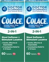 Colace 2-in-1 Stool Softener Plus Stimulant Laxative for Gentle Tehokas Ummetus Relief, Docusate Sodium Plus Sennosides, 60 Count (Pack of 2)