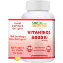 SHIFAA NUTRITION Halal D-vitamiini, Halal D3-vitamiini, 5000 IU Softgels, 120 annosta. Ei-GMO, Gluteenittomat, Tukee: rakenne, luut, hampaat, sydän, lihas- ja immuunitoiminnot