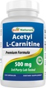 Best Naturals Acetyl L-karnitiini (ALCAR) 500mg, 120 kapselia, 120 tarjoilua - ei-muuntogeeniset organismit ja gluteeniton, 1 kapseli per tarjoilu