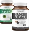Super Greens & Black Seed (2-Kuukauden toimitus) Greens Oil Synergia Bundle of Organic Super Greens Powder - Complete Superfood (120 kapselia) & Black Seed Oil - Kylmäpaineinen Nigeilla Sativa (120 Caps)