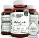 Natural Nutra Vegan Melatoniini 3 mg, auttaa parantamaan sydämen terveyttä, tukee immuunijärjestelmää, auttaa solujen terveyttä ja sydämen terveyttä, edistää yleistä hyvinvointia, parantaa unen laatua, Gluteeniton, 60 tablettia
