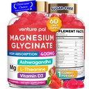 60 Day Supply Magnesium Glycinate 400 mg Gummies with Ashwagandha, L-Theanine, CoQ10, D3-vitamiini ja B6-sokeriton Magnesium Gummies for Adults & Kids, Stress Relief, Uni & Rauhallinen, Vegan, Gluteeniton