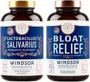 WINDSOR BOTANICALS Bloat Relief ja Lactobacillus Salivarius Probiootti Kapselit - Suun ja IBS tuki Bundle