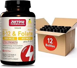 Jarrow Formulas Methyl B-12 1000MCG & Methyl Folate 400MCG,Extra Strength, Cellular Energy Metabolism & Cardiovascular Health Formel (1) Med P-5-P,100Chewable Tabs,Up till en 100 Day Suppl,12Packs
