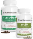 Real Mushrooms Ergothoneine (60ct) ja 5 Defenders (200ct) Bundle - Turkey Tail, Shiitake, Reishi, Chaga, Maitake, Oyster - Natural Longevity and Immuuni Strength - Vegan, Gluteeniton, non-GMO