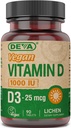 DEVA Vegaani D3-vitamiinin täydennysosa - kerran päivässä 1000 IU - kolekalsiferoli - Lichen Plant Derived - 90 pientä tablettia