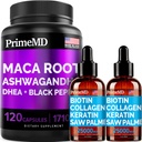 4-in-1 Liquid Biotin Collagen Keratin Saw Palmetto Drops (2 fl oz - 2 Pack) & 6-in-1 Maca Root Ashwagandha w Black Pepper Fruit (120ct) Bundle - Hiukset, iho, kynnet, energia & huopa tuki täydentää
