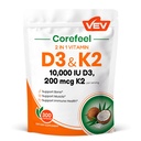 VEV Corefeel D3 K2, 10 000 IU D3, 200 mcg K2 (MK7), tukee luun ja hampaiden terveyttä, Dual ravinnetukea päivittäiseen hyvinvointiin, helppo niellä 300 kapselia